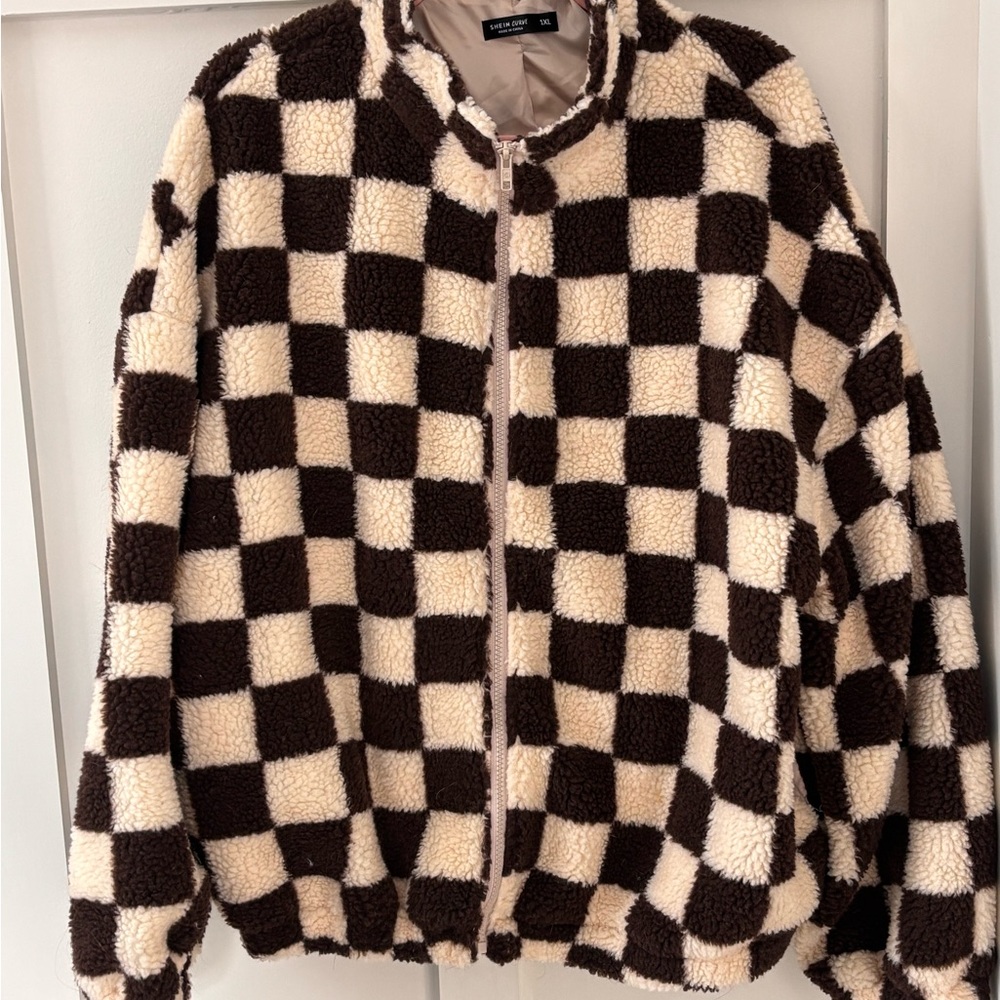 Cropped Teddy Jacket – Cream & Brown Checkered, 1XL - Picture 1 of 5